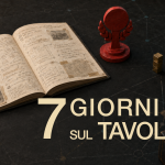 Manuale aperto, dadi, meeple, trofeo rosso e indicatori in crescita su un tavolo da gioco scuro.