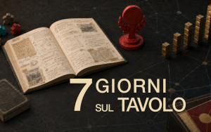 Manuale aperto, dadi, meeple, trofeo rosso e indicatori in crescita su un tavolo da gioco scuro.
